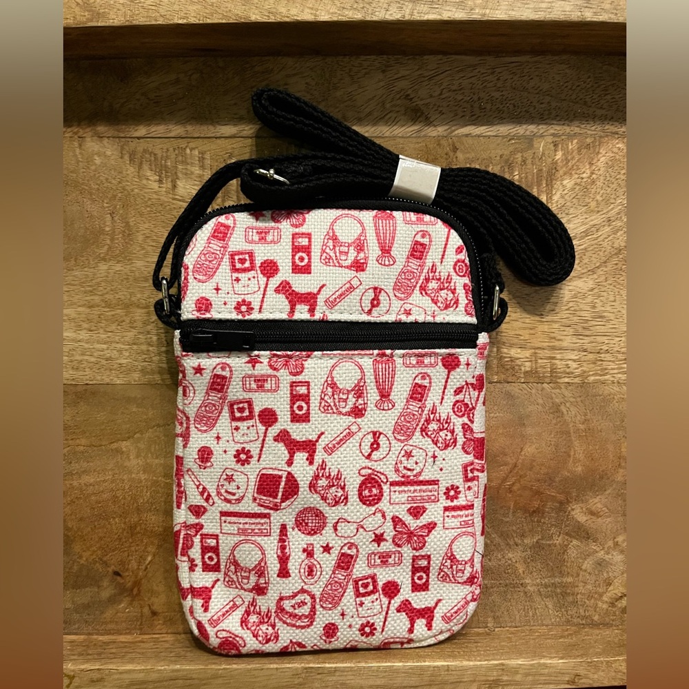 VAMSII Crossbody Bag, 2000s Graphic Print, Pink/White, Canvas, Waterproof